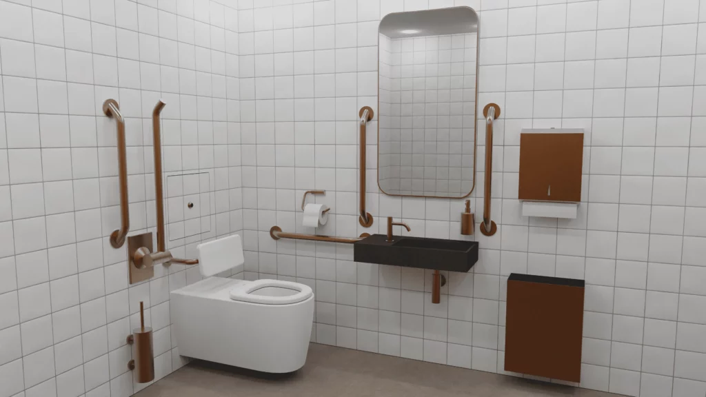 A white and bronze inclusive public bathroom with a toilet, mirror and sink