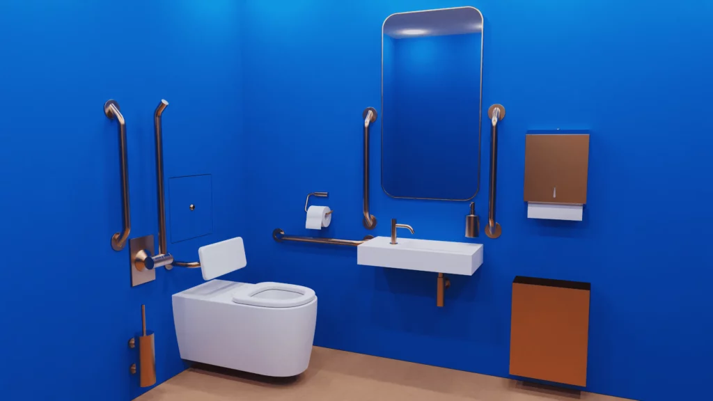 A white and blue inclusive public bathroom with a toilet, mirror and sink